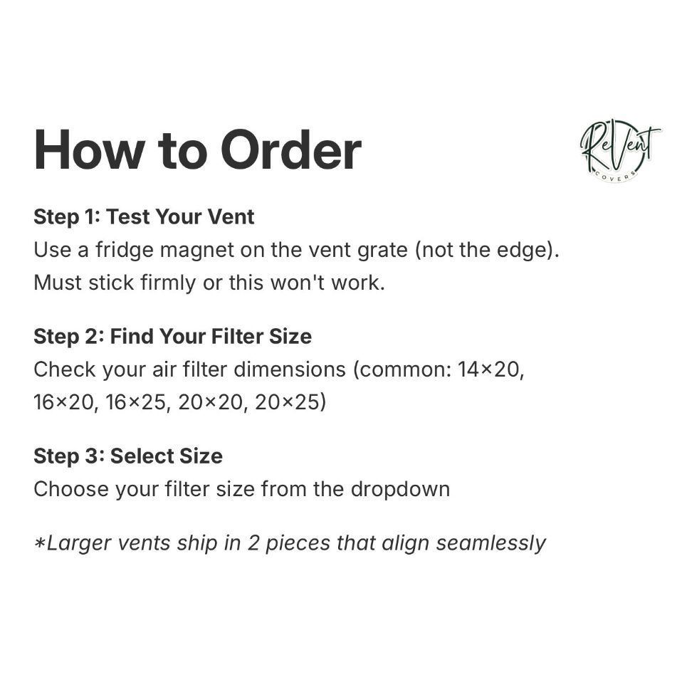 Instructions on how to order a vent filter with text and a logo in the corner.